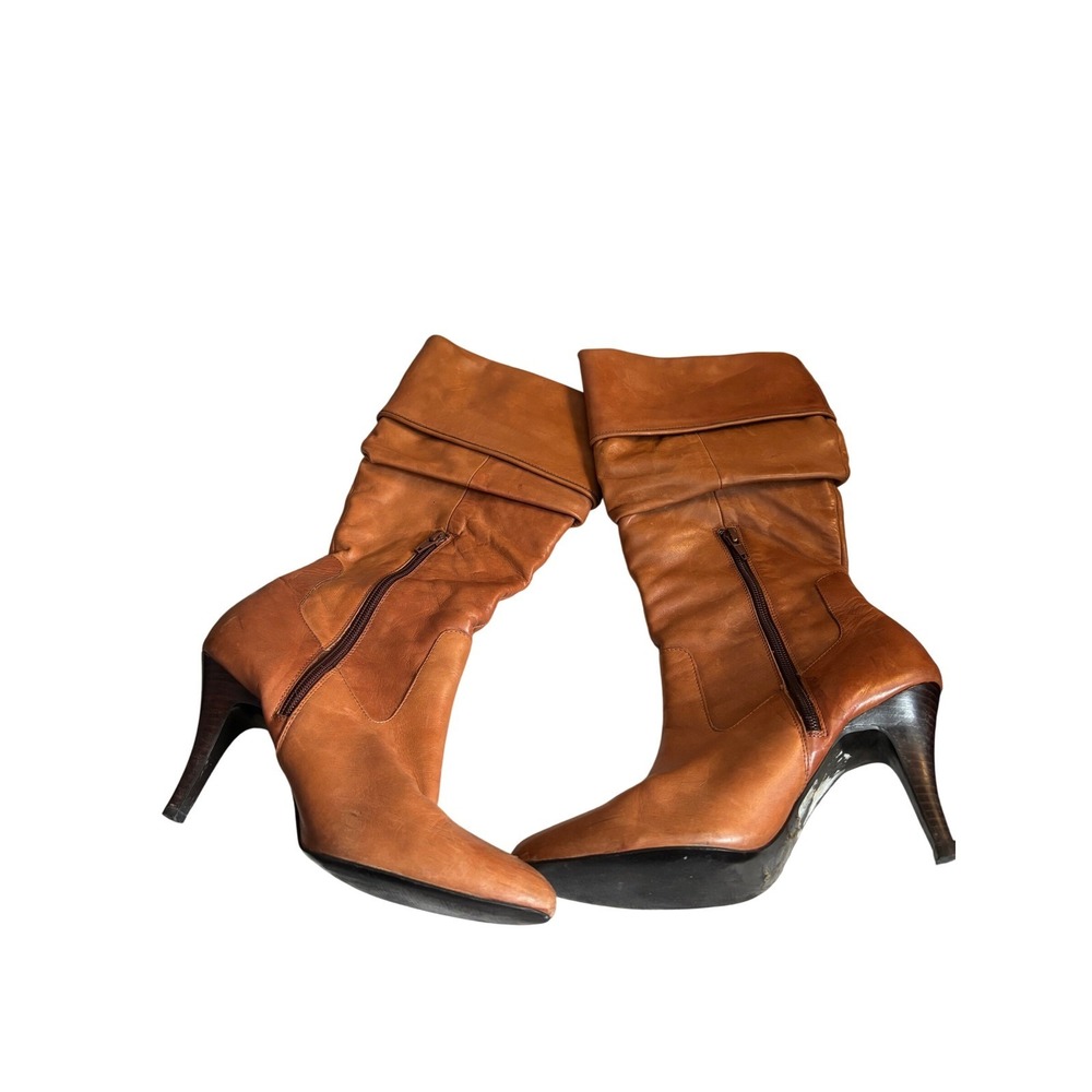 Women Cognac Brown Leather Slouchy Knee High Boots Pointed Toe Stiletto Size 9.5